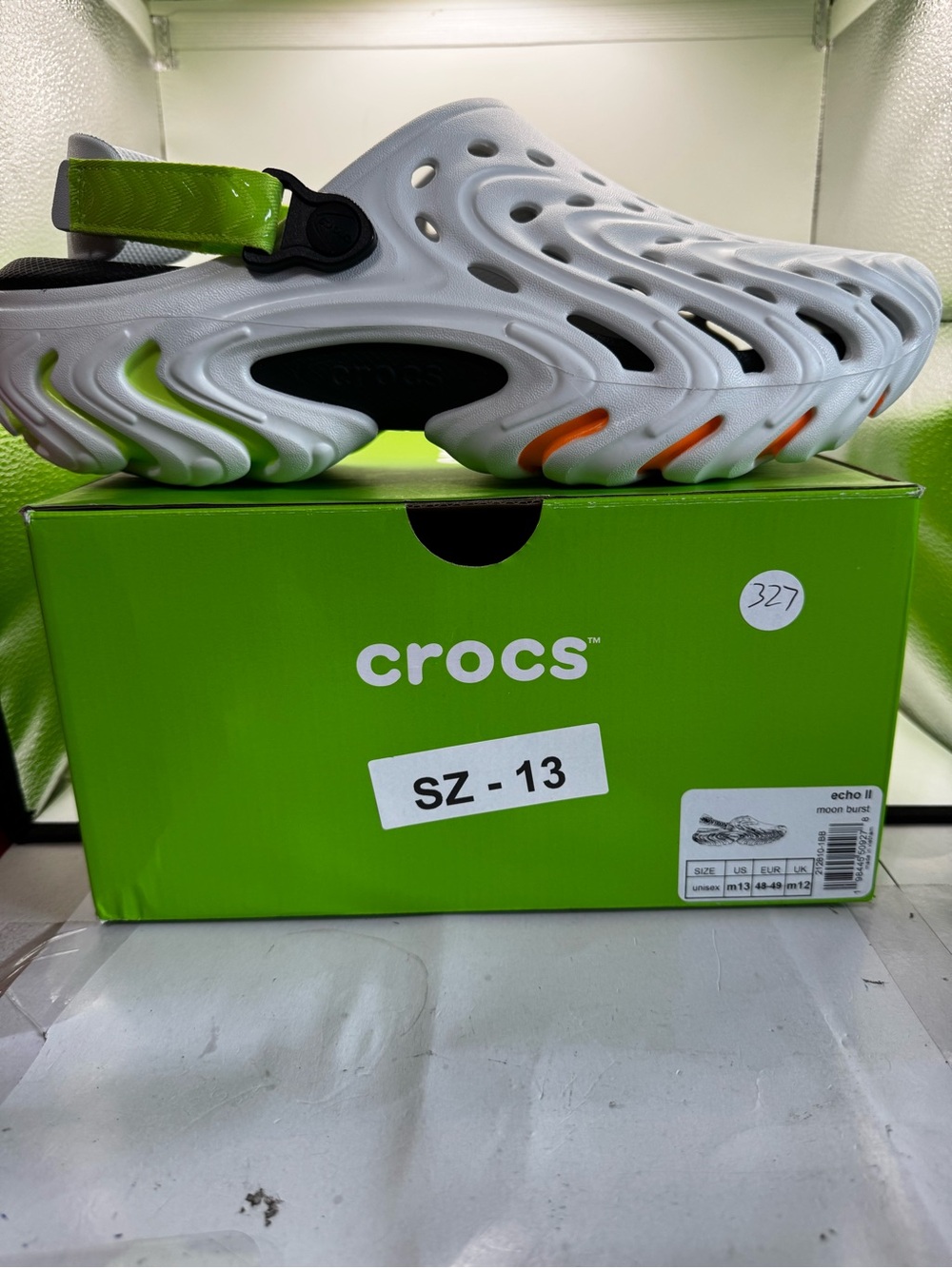 CROCS mens Echo II Foam Clog in White with Green & Orange Accents